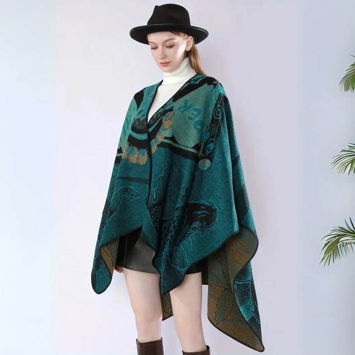 Runenstein Reversible Poncho aus weichem Kaschmirimitat mit Fischmotiven