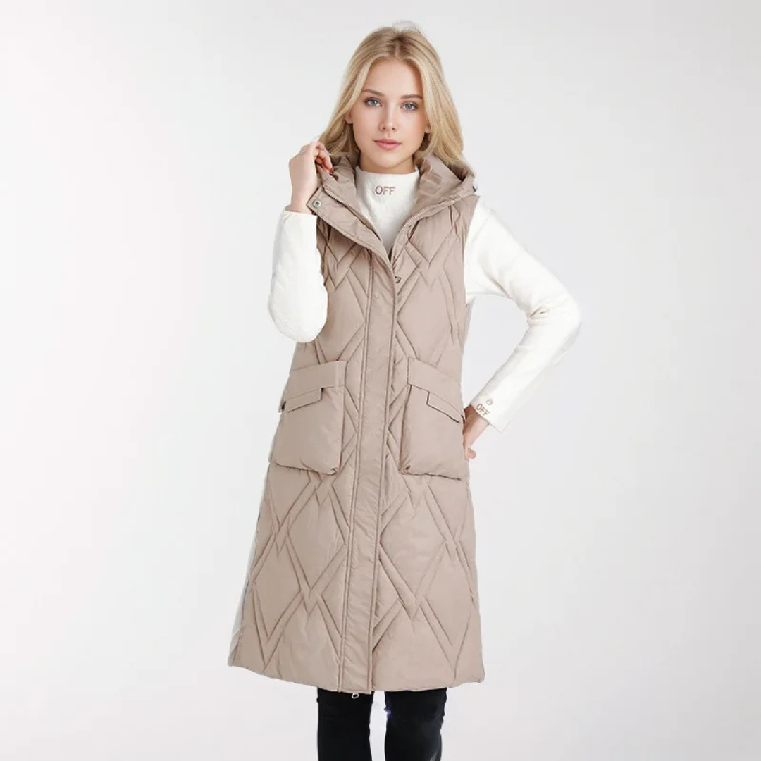Lange Steppweste für kalte Tage - Puffer Daunenweste mit Kapuze für Damen