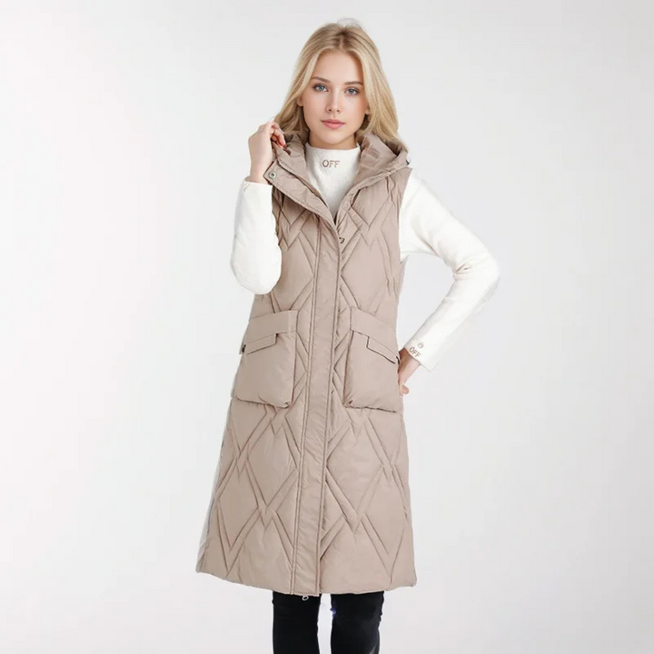 Lange Steppweste für kalte Tage - Puffer Daunenweste mit Kapuze für Damen