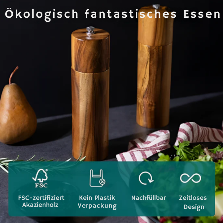 Minimalistische Holz-Gewürzmühlen | Premium Akazienholz-Mühlen mit verstellbarer Mahlstärke