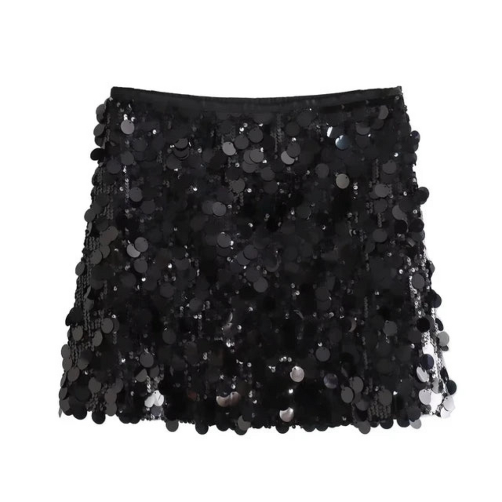 Schwarzer Paillettenrock, glänzend und modisch, ideal für Partys und festliche Anlässe. Kurzer Schnitt, auffälliges Design, trendige Damenmode.