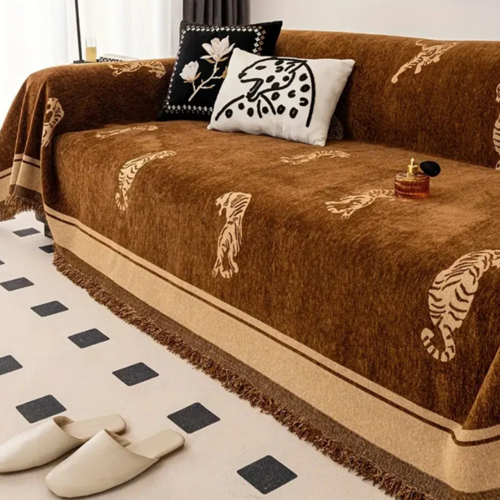 Safari Tiger Chenille Sofabezug | Wendbare Premium-Sofaabdeckung mit Tigermuster