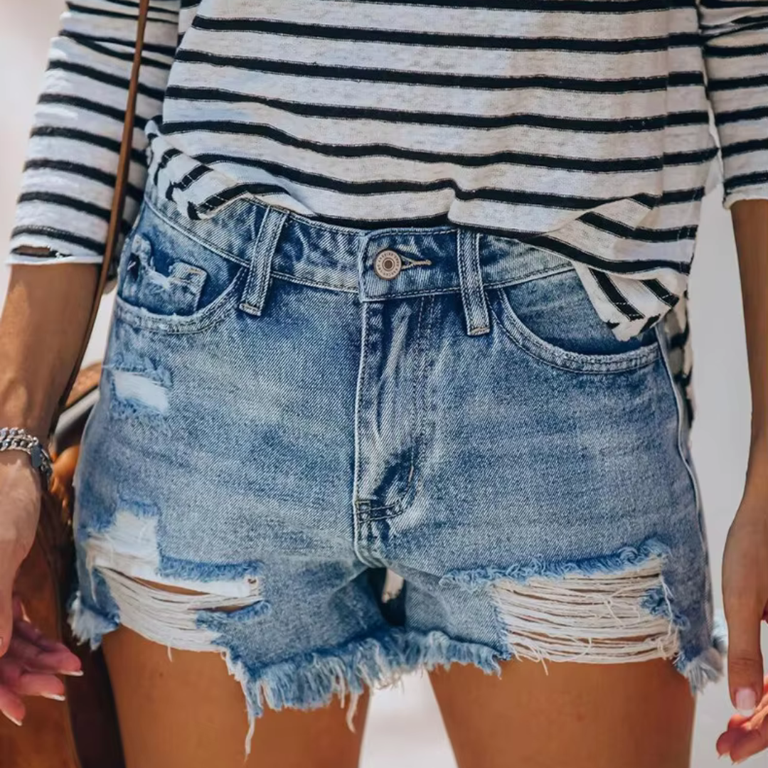 Zoe Jeansshorts | Damen Destroyed Denim Shorts High-Waist Vintage Look Fransen & Risse