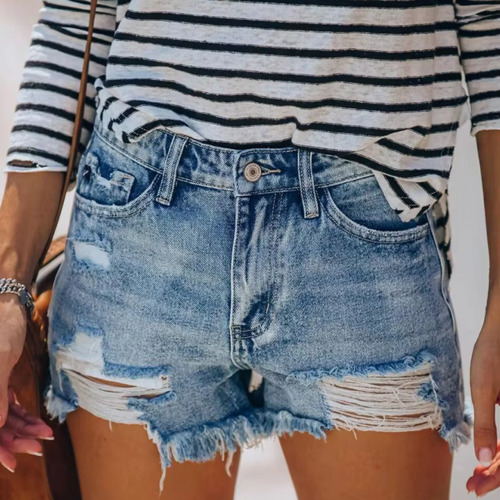 Zoe Jeansshorts | Damen Destroyed Denim Shorts High-Waist Vintage Look Fransen & Risse