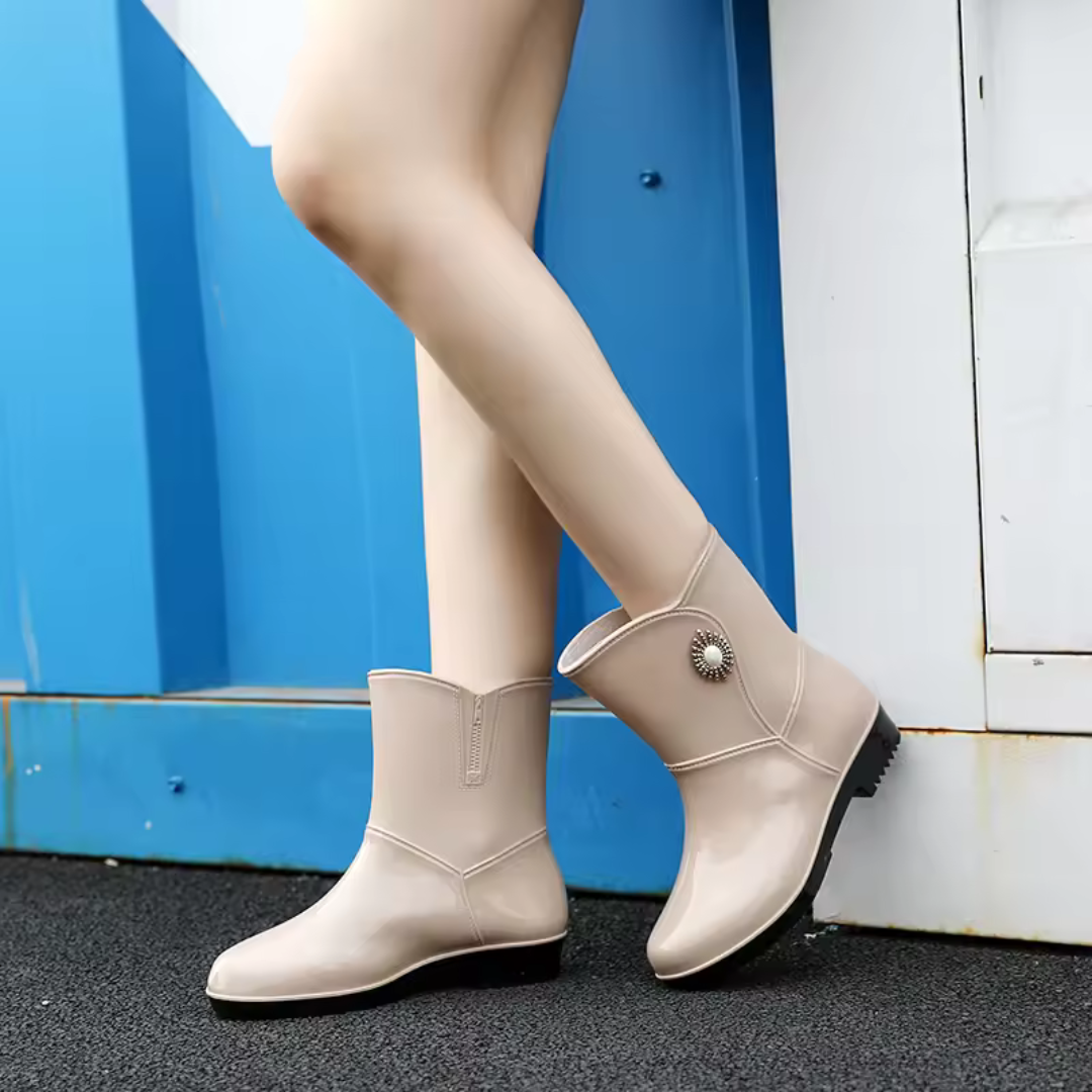 Regenstiefel für den Herbst - Wasserdichte Gummistiefel mit Blumen-Dekor und Profilsohle für Damen