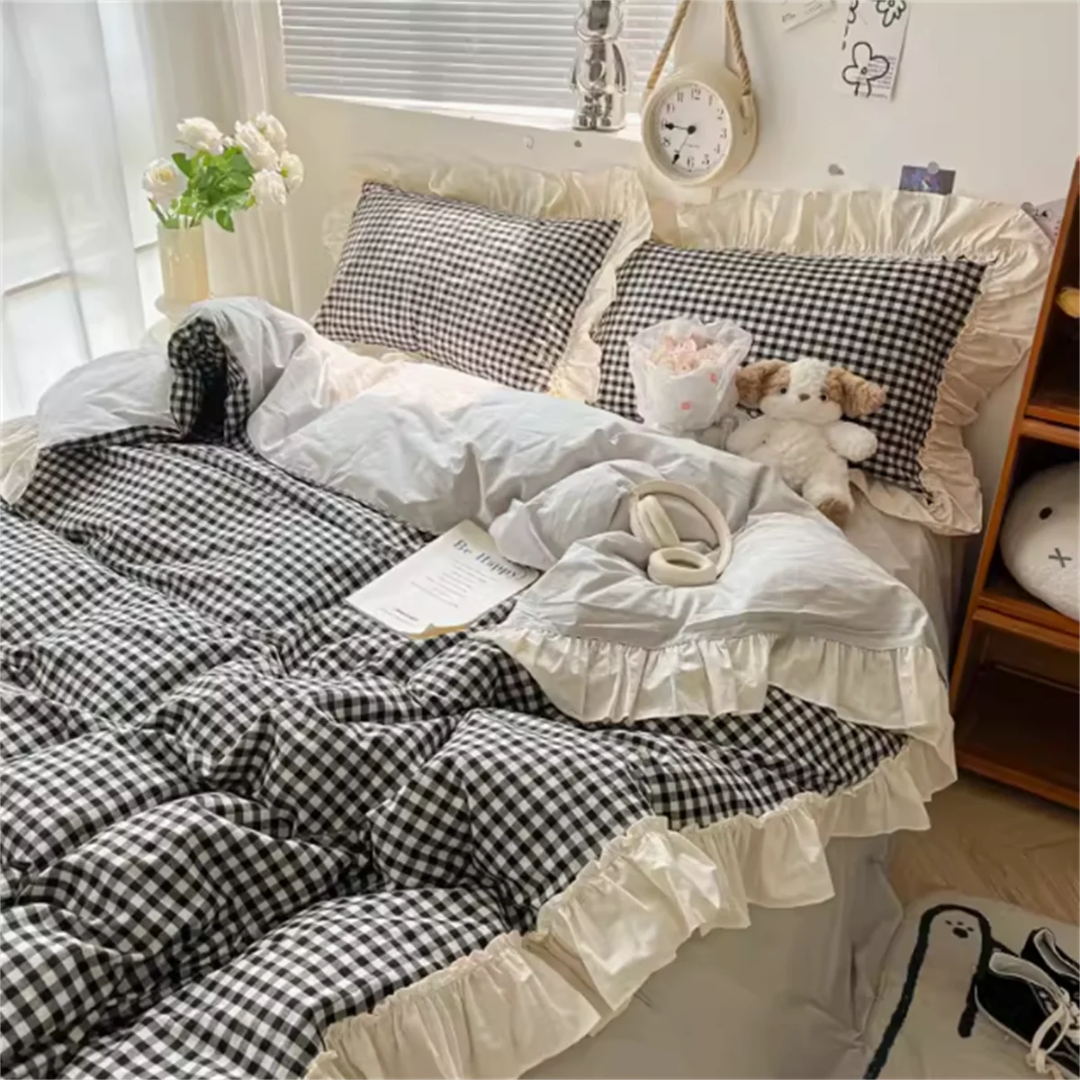 Gingham Rüschen-Bettwäsche-Set | Verspieltes Karo im Landhausstil
