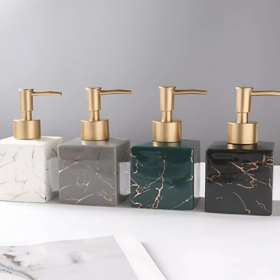 Luxus Marmor-Seifenspender | Eleganter Keramikspender mit Goldpumpe für Bad und Küche