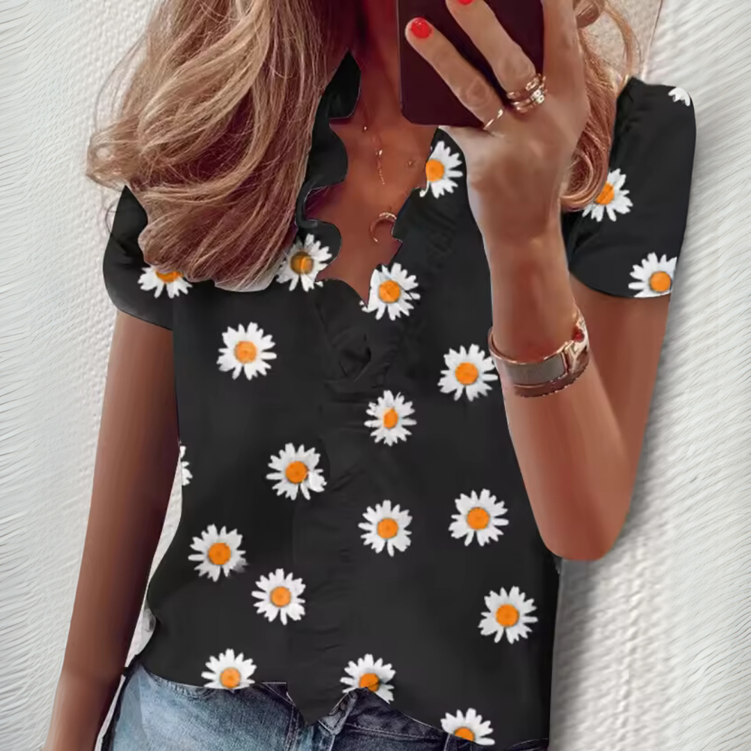 Daisy Bluse | Damen Kurzarm V-Ausschnitt Rüschen Top mit Blumenmuster Vintage Boho Stil