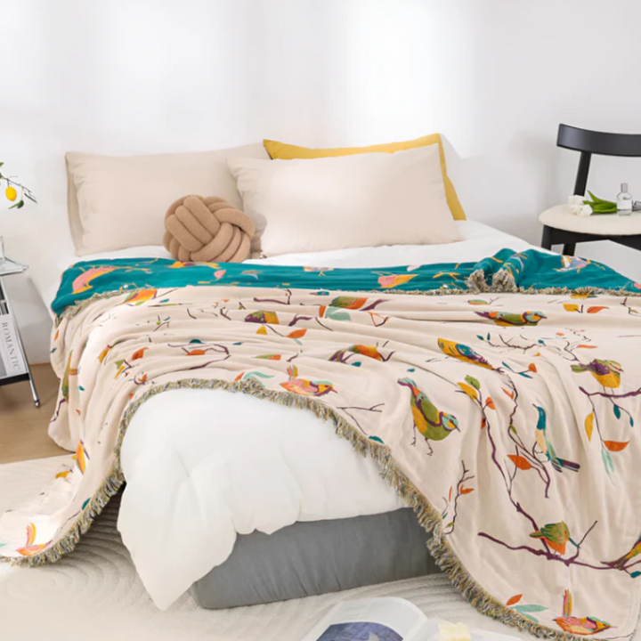 Whimsical Bird Quasten-Baumwolldecke | Boho-Wohndecke mit Vogelmotiv und dekorativen Fransen
