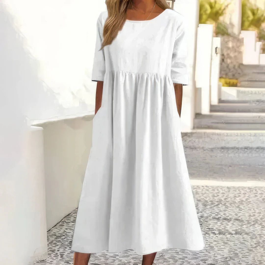 Sommer Kleid Linnenlook - Baumwollkleid mit Rundhalsausschnitt und Taschen
