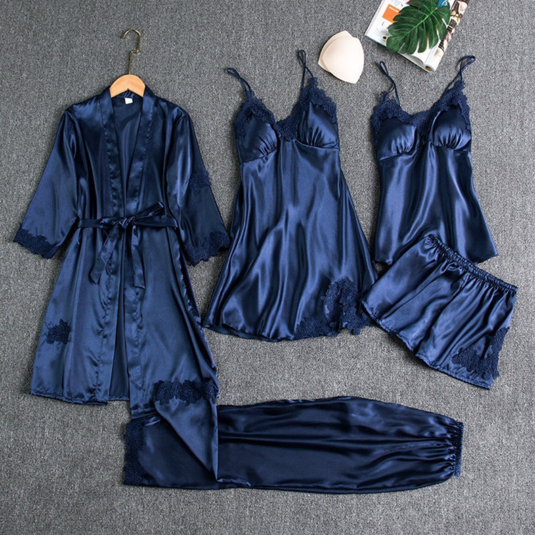 Charlotte Satinset | Luxuriöses Damen Pyjama Set mit Spitze Morgenmantel Nachthemd Hose & Top
