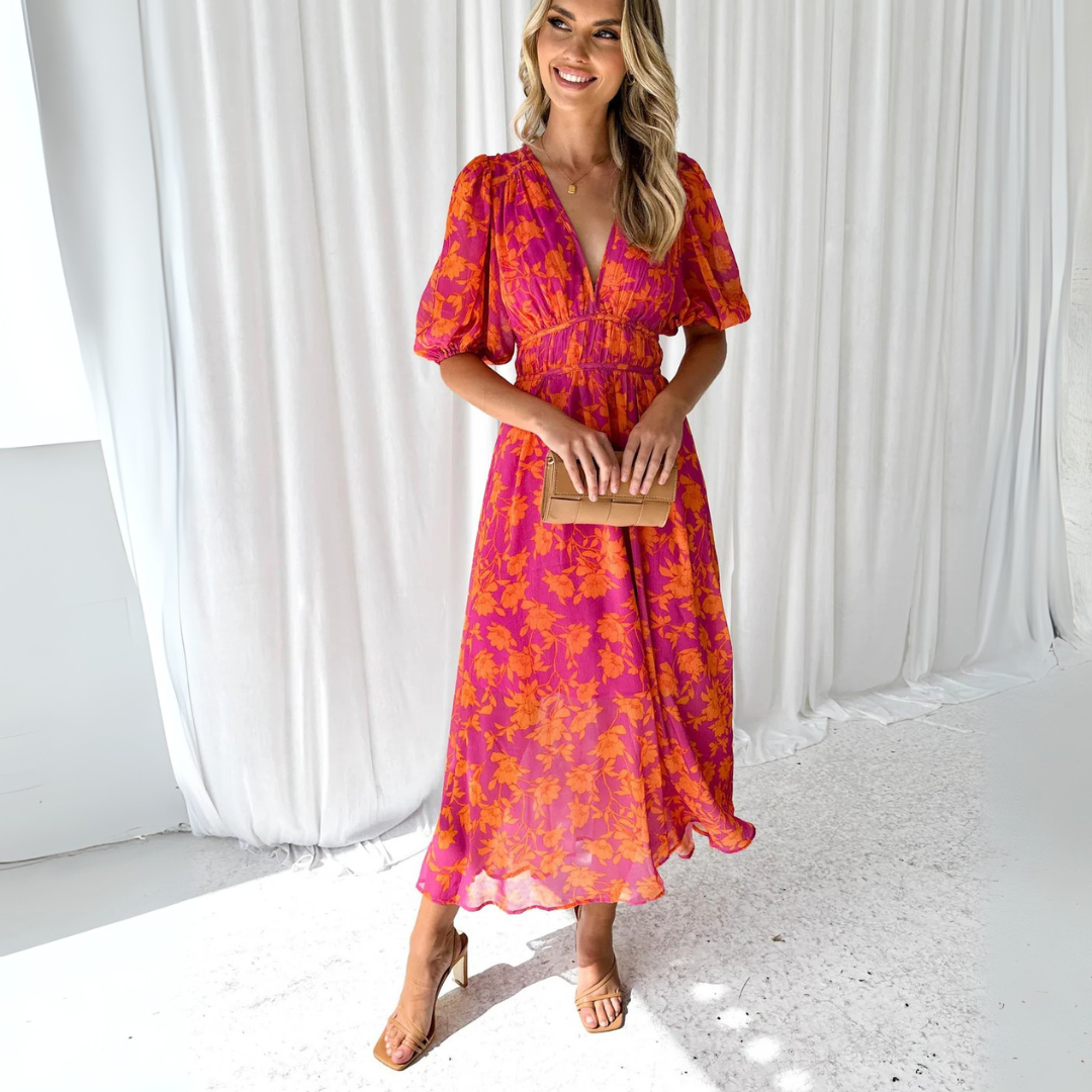 Sommerkleid für Damen - Geblümtes Midikleid mit V-Ausschnitt und Puffärmeln