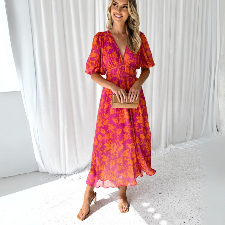 Sommerkleid für Damen - Geblümtes Midikleid mit V-Ausschnitt und Puffärmeln