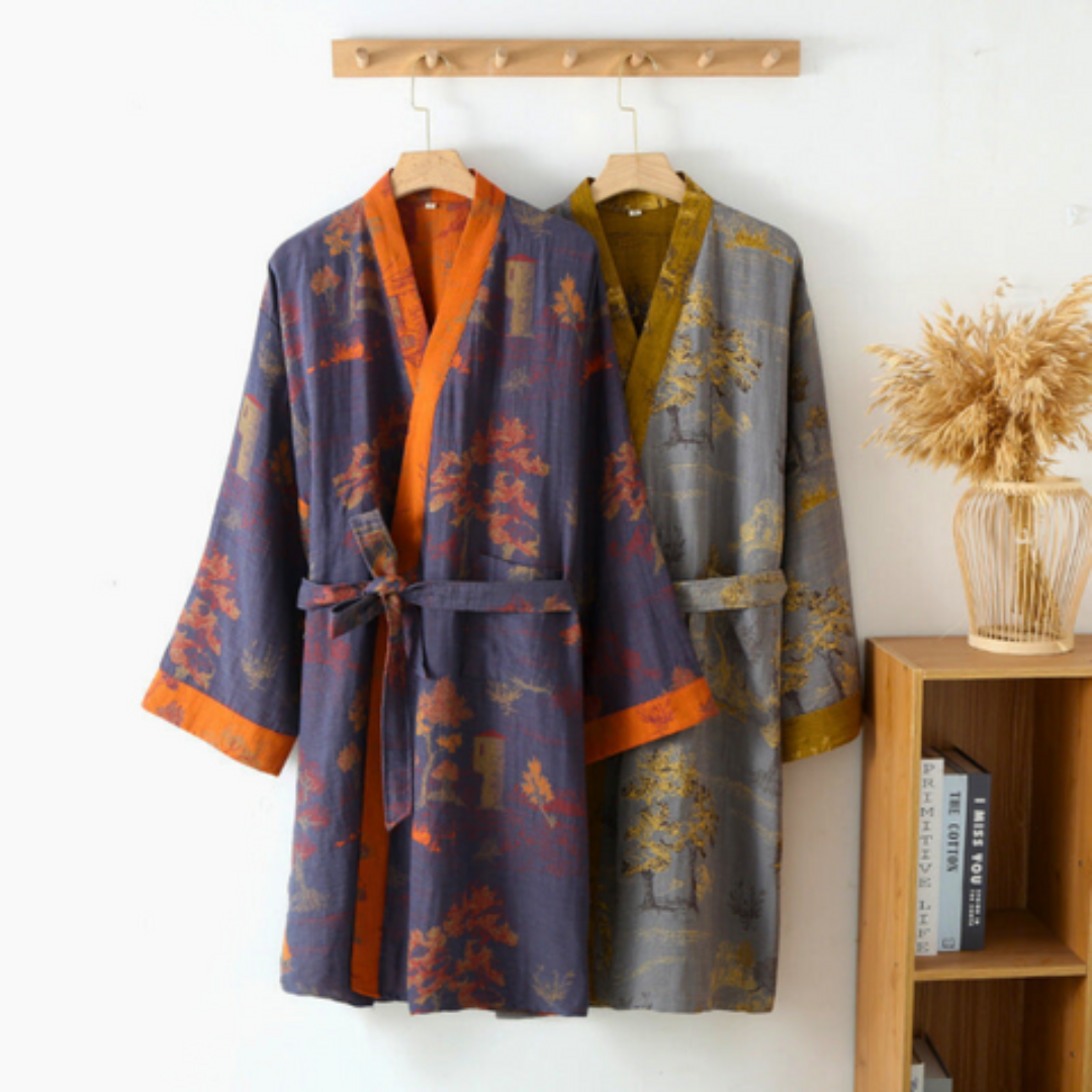 Luxuriöser Kimono-Bademantel aus reiner Baumwolle im Retro-Stil