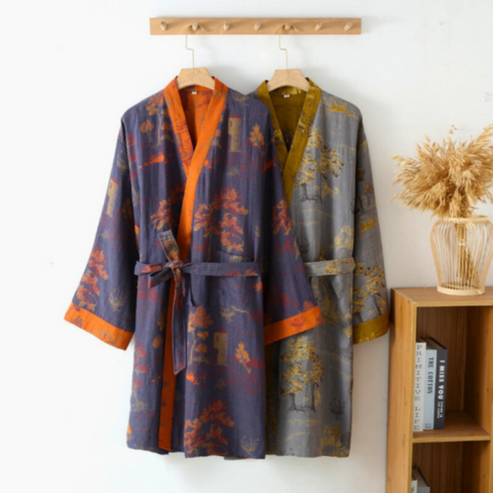 Luxuriöser Kimono-Bademantel aus reiner Baumwolle im Retro-Stil