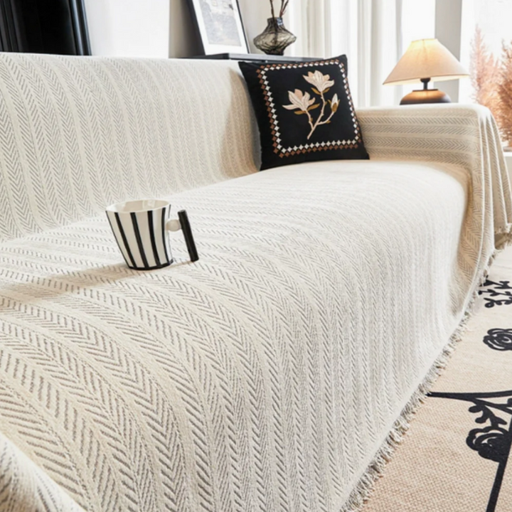 Herringbone Sofaüberwurf | Elegante Chenille Sofahusse mit Fransen