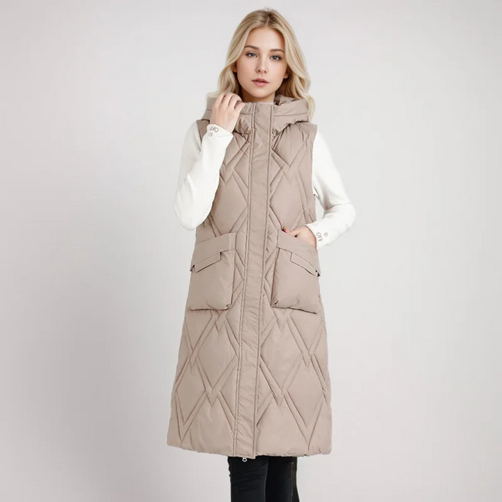 Lange Steppweste für kalte Tage - Puffer Daunenweste mit Kapuze für Damen