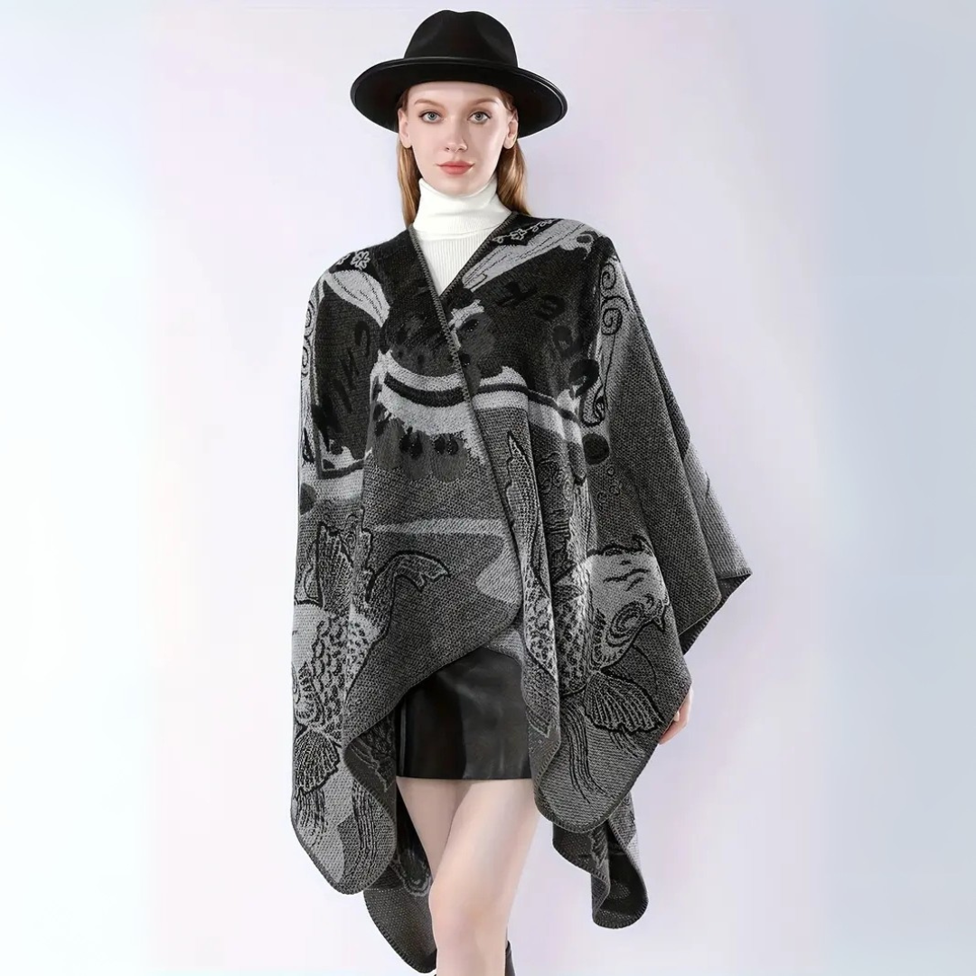 Runenstein Reversible Poncho aus weichem Kaschmirimitat mit Fischmotiven