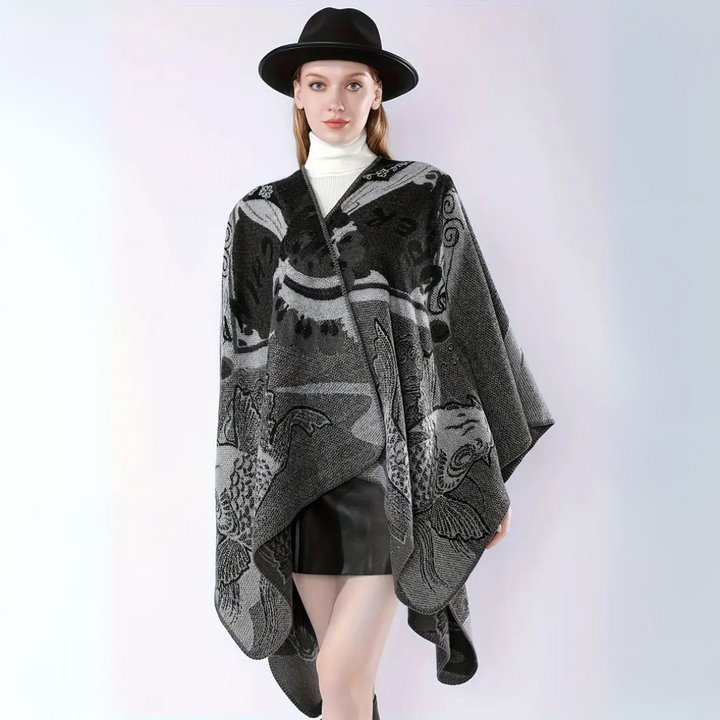 Runenstein Reversible Poncho aus weichem Kaschmirimitat mit Fischmotiven