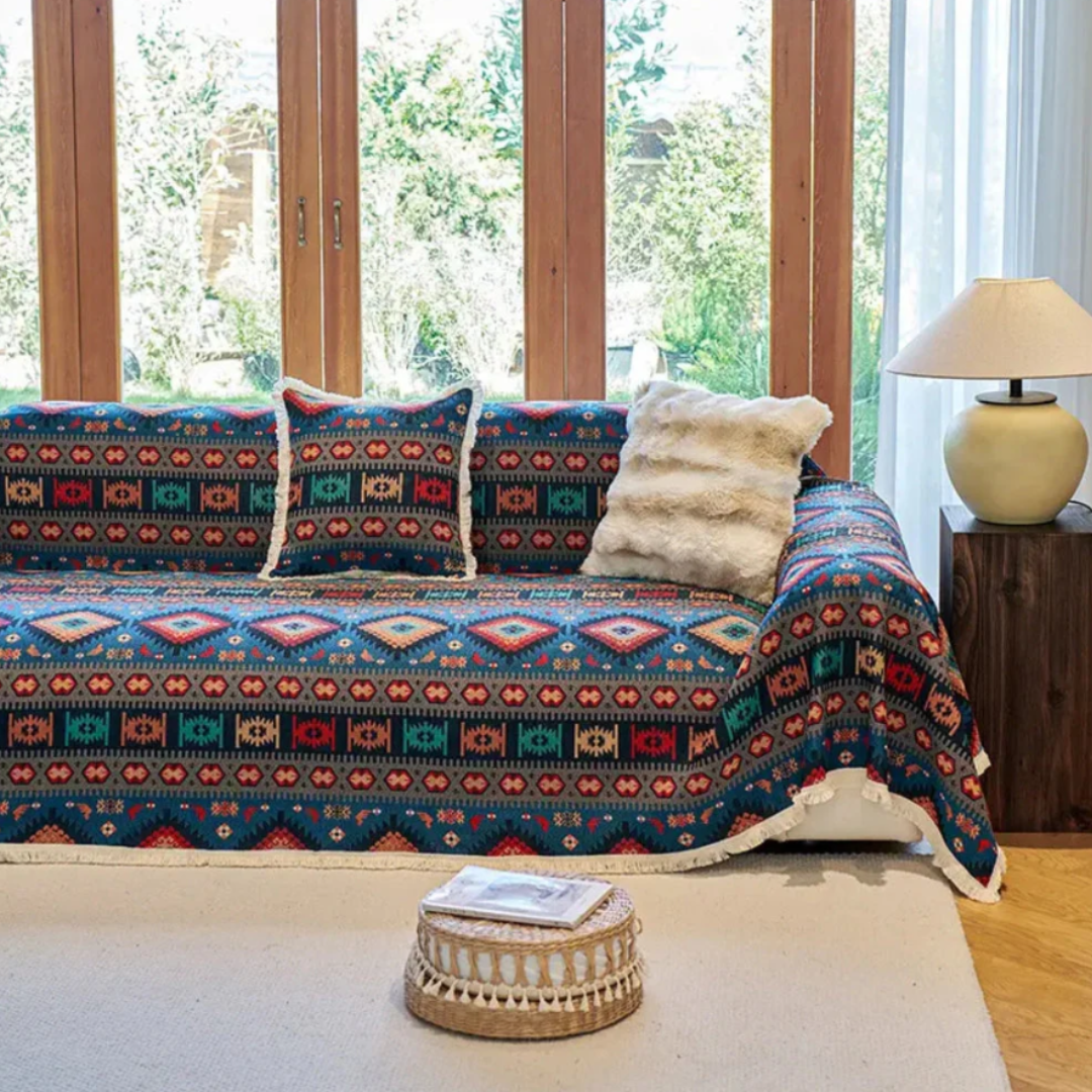 Boho Sofaüberwurf | Vintage-Sofaschutz mit geometrischem Muster und Chenille-Material