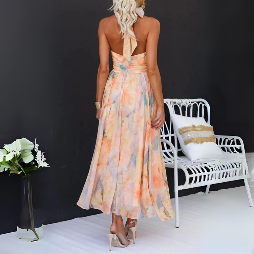 Sommer Kleid Damen - Elegantes Maxikleid mit Halterneck und Aquarelldruck