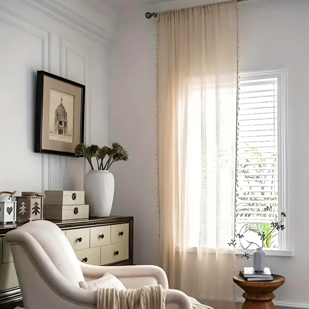 Böhmischer Häkelvorhang | Vintage-Fenstervorhang mit Quasten und geometrischem Muster