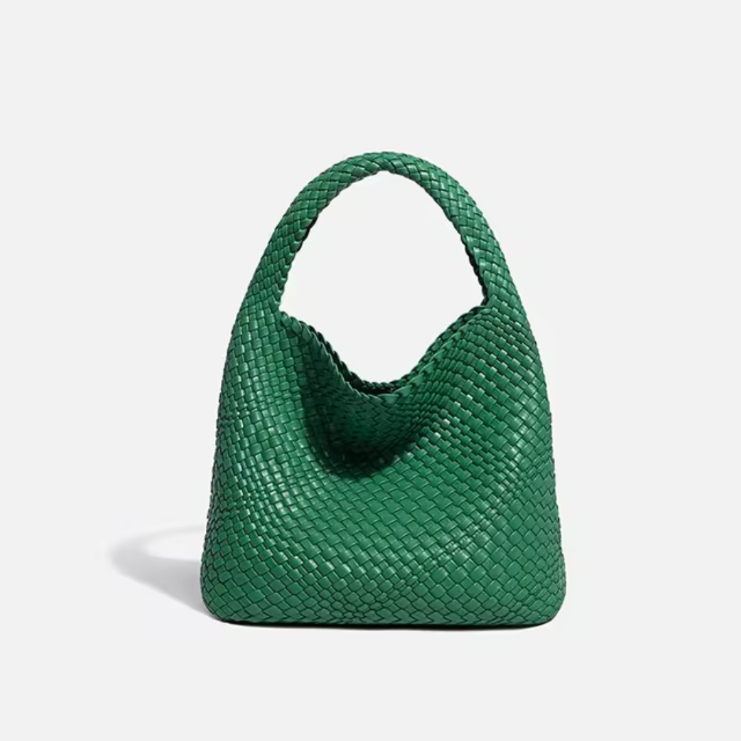 Grüne geflochtene Handtasche aus Leder, modisches Accessoire, elegantes Design, Damenmode, luxuriöse Tasche, stilvoller Look.