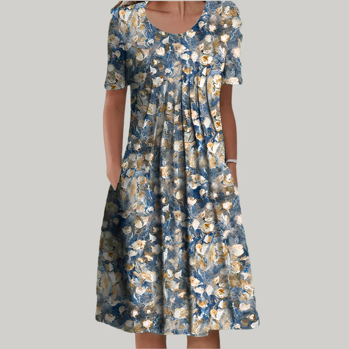 Blaues Sommerkleid mit Blumenmuster, knielang, kurze Ärmel, aus leichtem Stoff. Perfekt für Damenmode, Freizeitkleidung, Sommeroutfits.