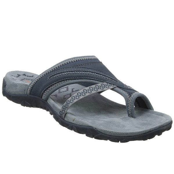 Dunkelblaue Herren-Sandale mit Zehentrenner, rutschfester Sohle und gepolstertem Fußbett. Ideal für Sommer, Strand und Freizeit.