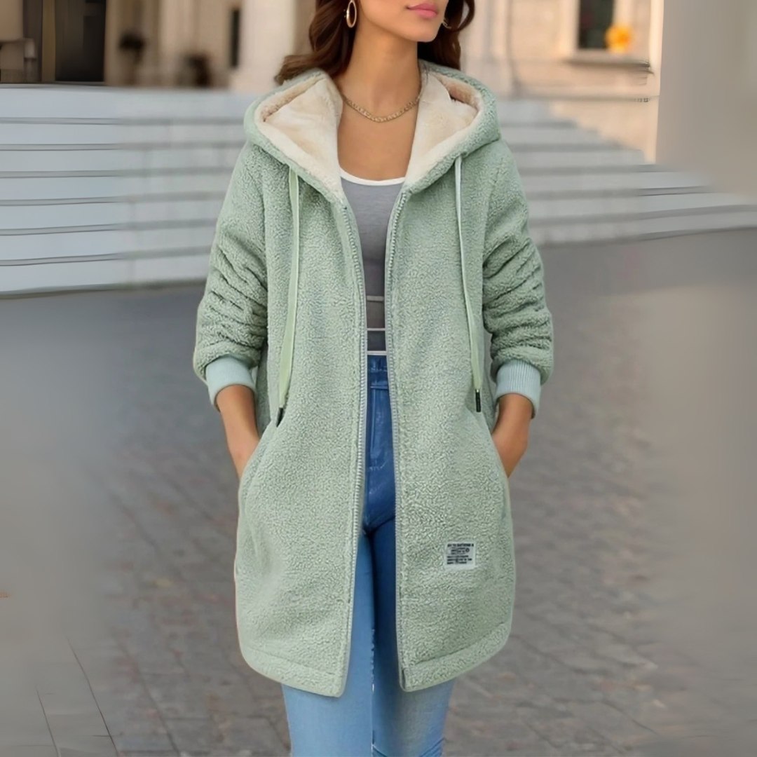 Fleecejacke für den kalte Tage - Stilvolle Lange Übergansjacke mit Kapuze für Damen