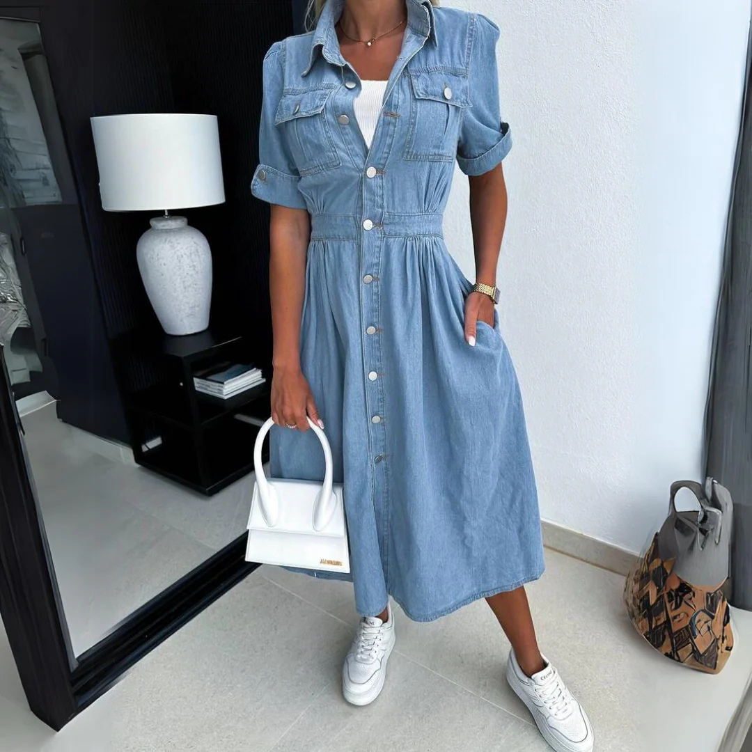 Jeans Kleid Damen Midi - Blaues Trendy Denim Blusenkleid mit Knöpfen