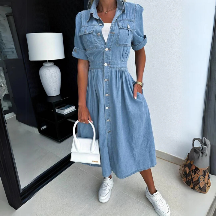 Jeans Kleid Damen Midi - Blaues Trendy Denim Blusenkleid mit Knöpfen