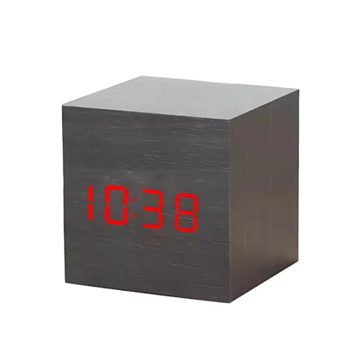 Cube LED-Wecker | Moderner Holzmaserung-Designwecker mit Temperaturanzeige
