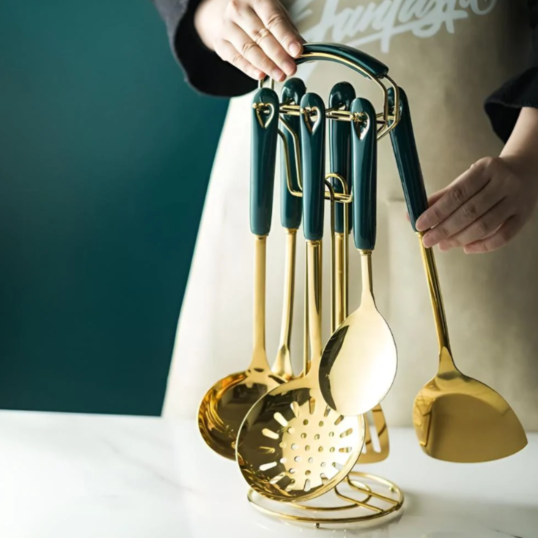 Golden Edelstahl Küchenutensilien-Set | Premium Kochbesteck mit Aufbewahrungsständer