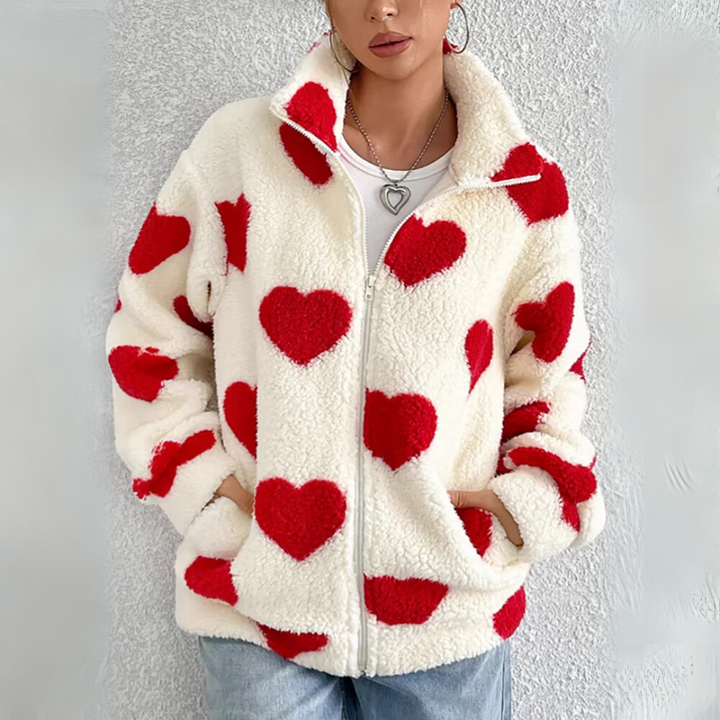 Fleecejacke für den Herbst - Stilvolle Teddyjacke mit Herzmotiven für Damen