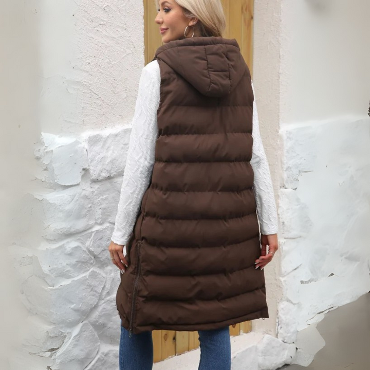 Lange Steppweste für kalte Tage - Warme Daunenweste mit Kapuze für Damen