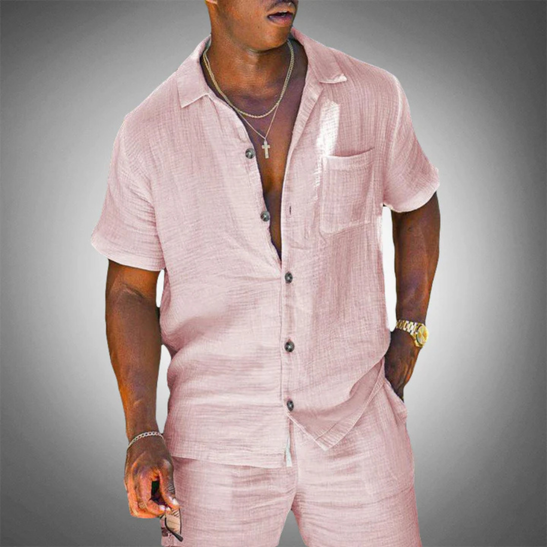 Wilhelm Leinenset | Eleganter Herren Zweiteiler Kurzarm Hemd & Hose Sommer Casual Strand
