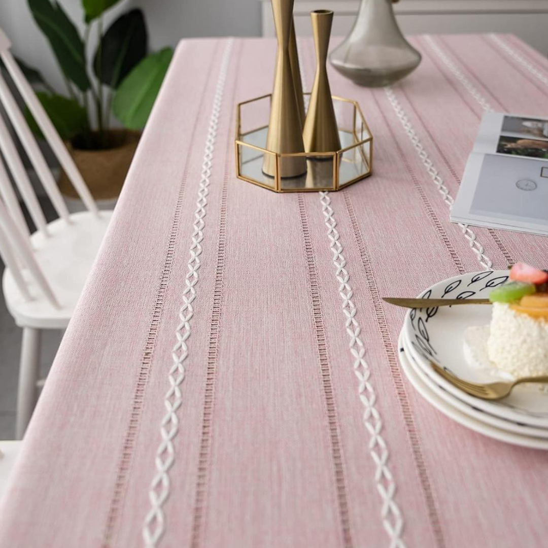 Elegante Baumwoll-Leinen-Tischdecke | Rustikale Tischdecke mit Stickerei und Quastensaum