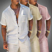 Wilhelm Leinenset | Eleganter Herren Zweiteiler Kurzarm Hemd & Hose Sommer Casual Strand