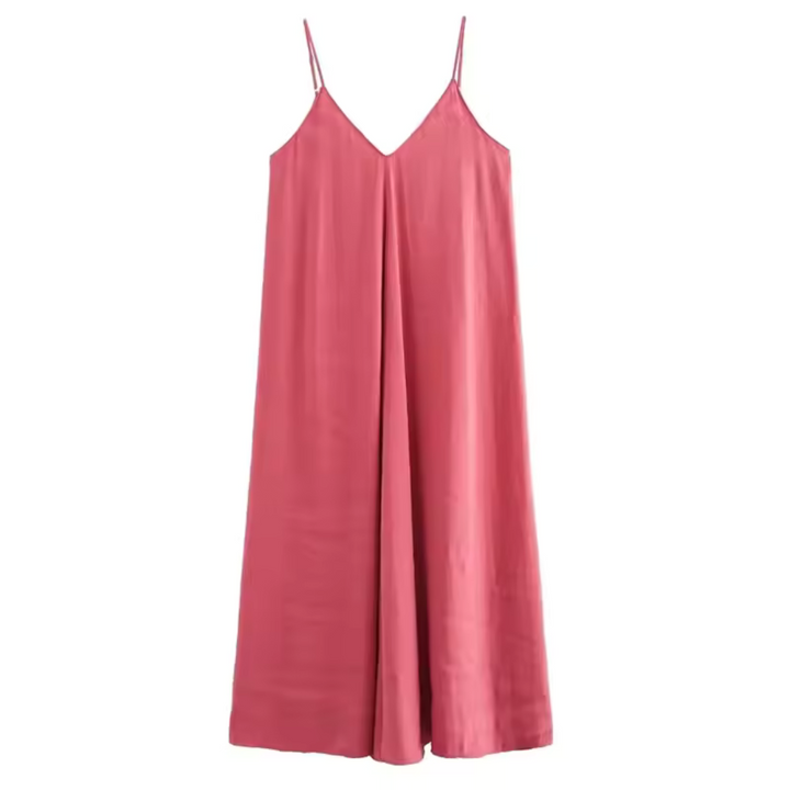 Rosa Sommerkleid mit Spaghettiträgern, V-Ausschnitt und fließendem Schnitt. Perfekt für Damenmode, Freizeitkleidung und Sommeroutfits.
