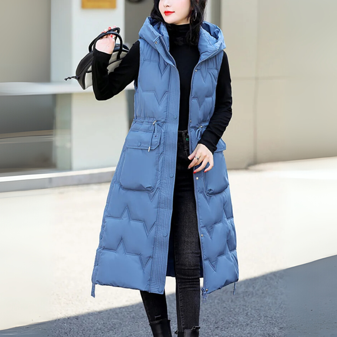 Lange Steppweste für kalte Tage - Stilvolle Daunenweste mit Kapuze für Damen