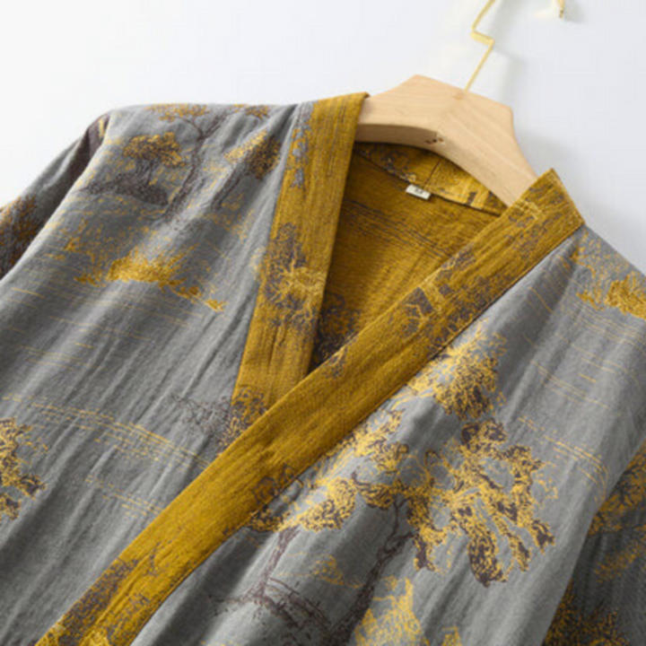 Luxuriöser Kimono-Bademantel aus reiner Baumwolle im Retro-Stil