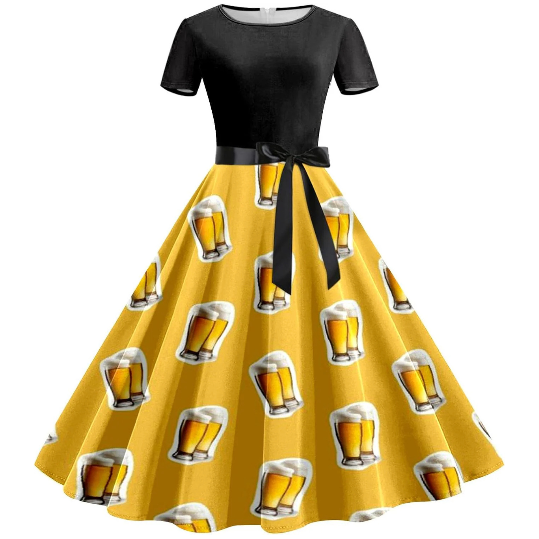 Klara Oktoberfest Kleid | Festliches Swing-Kleid mit Bierkrug-Print für Damen