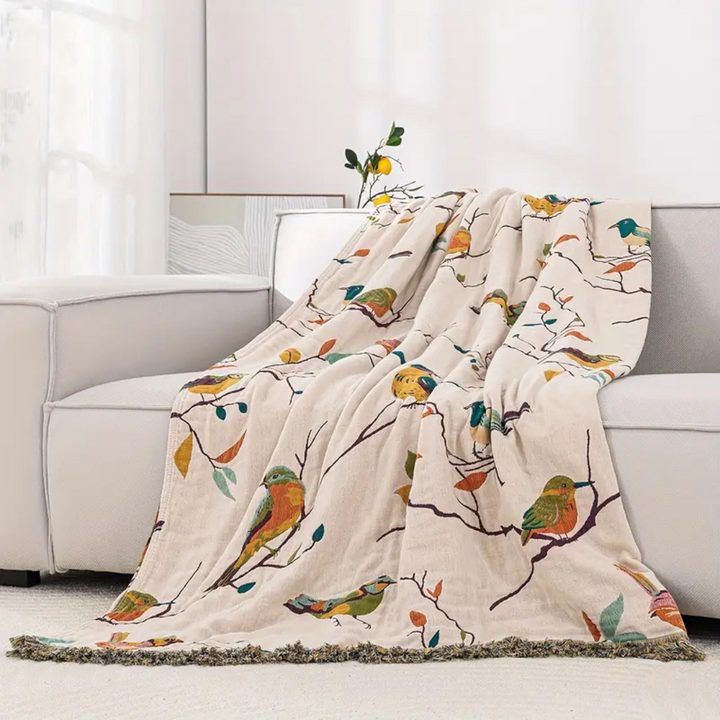 Whimsical Bird Quasten-Baumwolldecke | Boho-Wohndecke mit Vogelmotiv und dekorativen Fransen