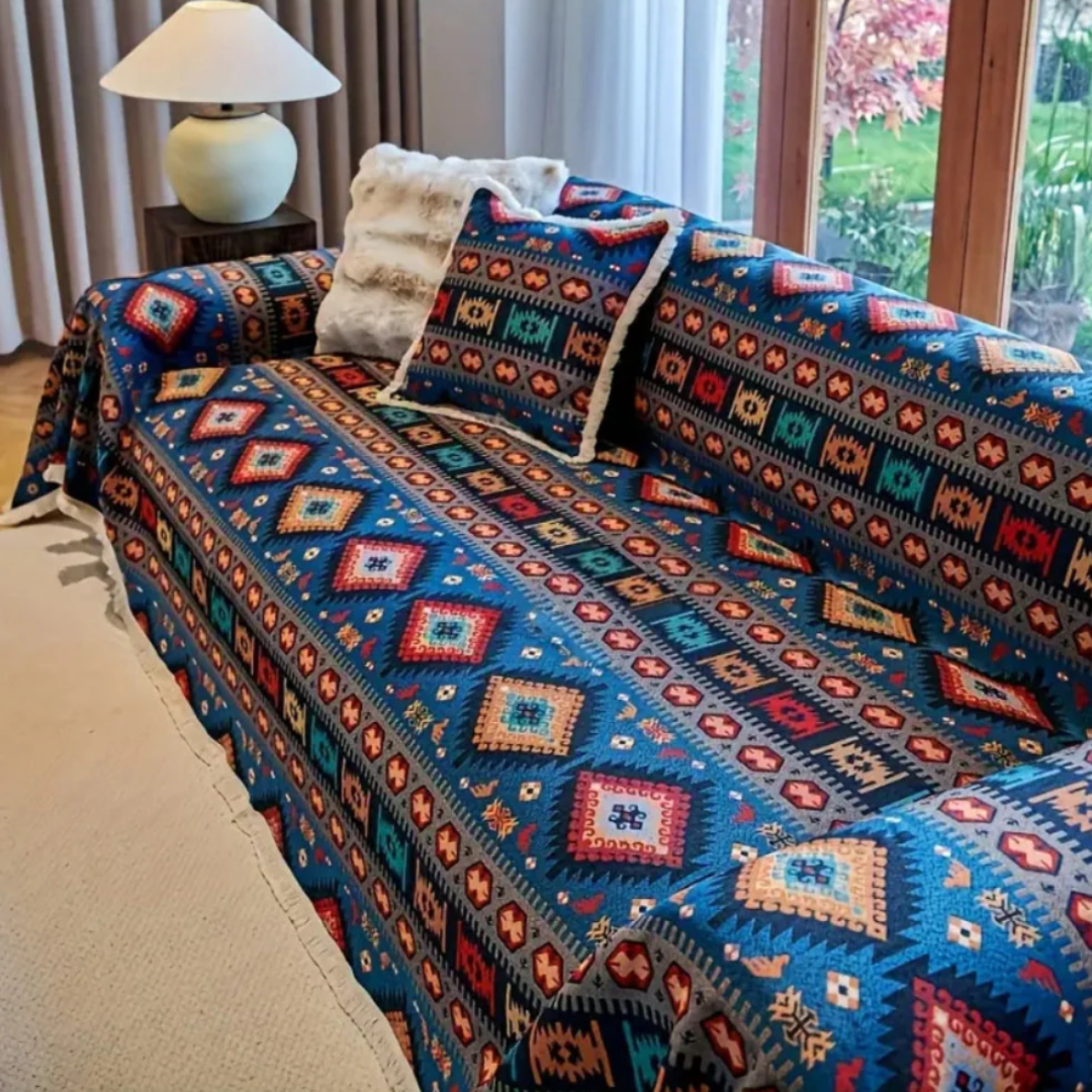 Boho Sofaüberwurf | Vintage-Sofaschutz mit geometrischem Muster und Chenille-Material