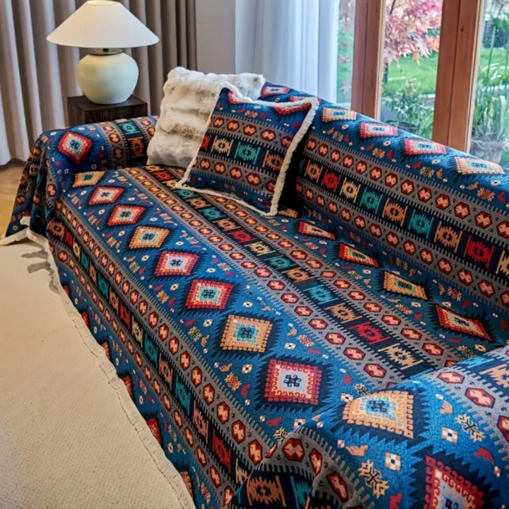 Boho Sofaüberwurf | Vintage-Sofaschutz mit geometrischem Muster und Chenille-Material