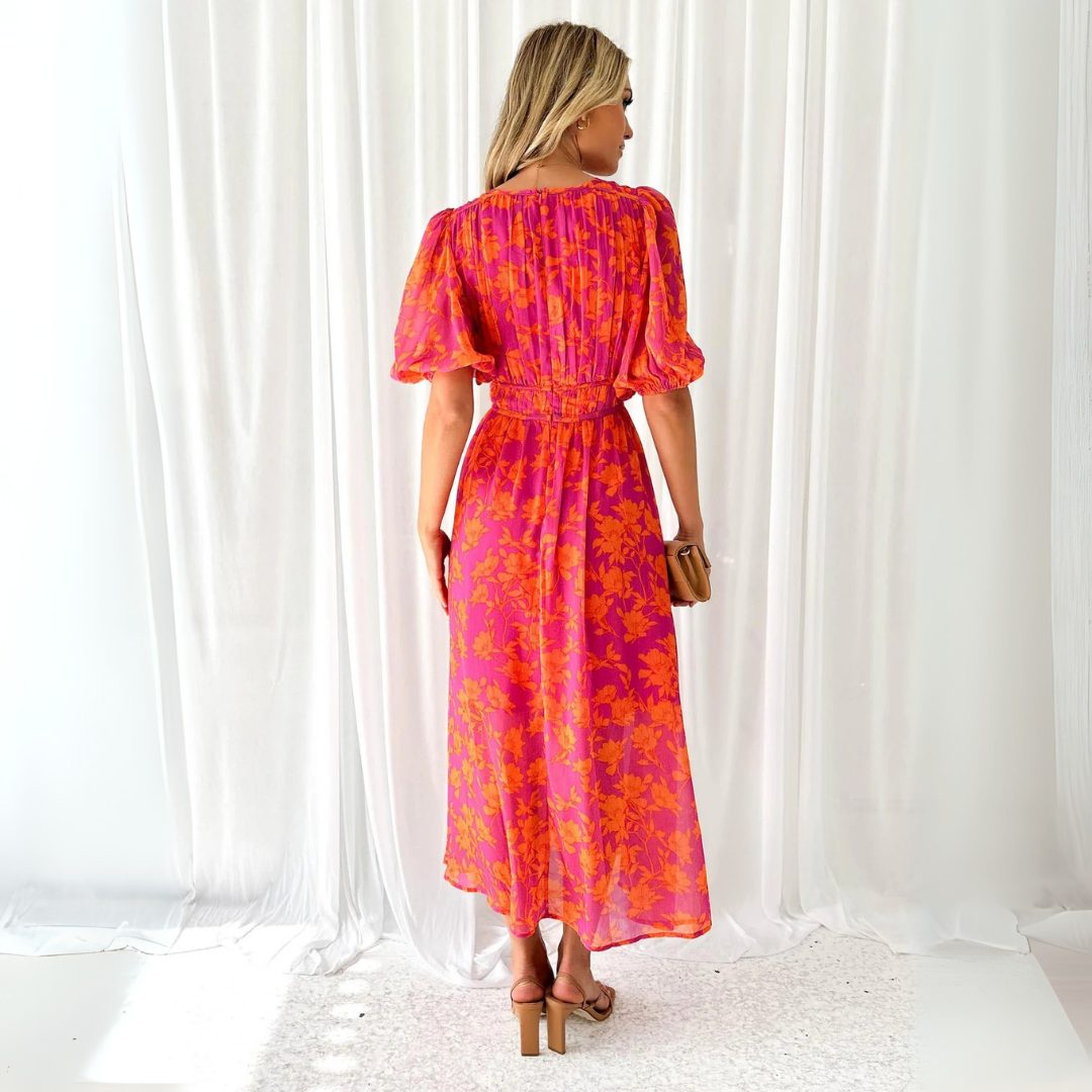 Sommerkleid für Damen - Geblümtes Midikleid mit V-Ausschnitt und Puffärmeln