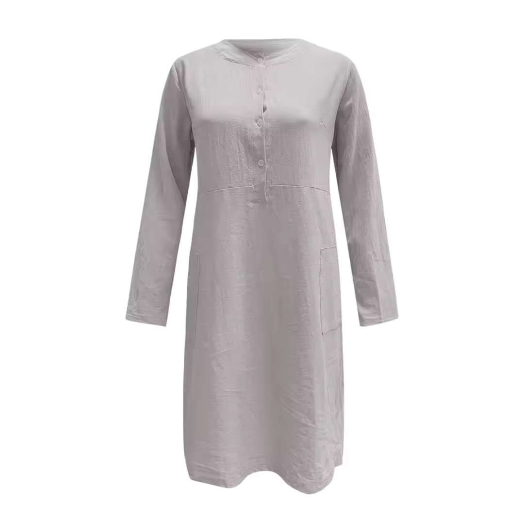 Graues Leinenkleid mit langen Ärmeln und Knopfleiste, minimalistisches Design, knielang, ideal für Frühling und Sommer.