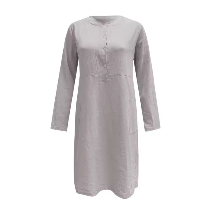 Graues Leinenkleid mit langen Ärmeln und Knopfleiste, minimalistisches Design, knielang, ideal für Frühling und Sommer.