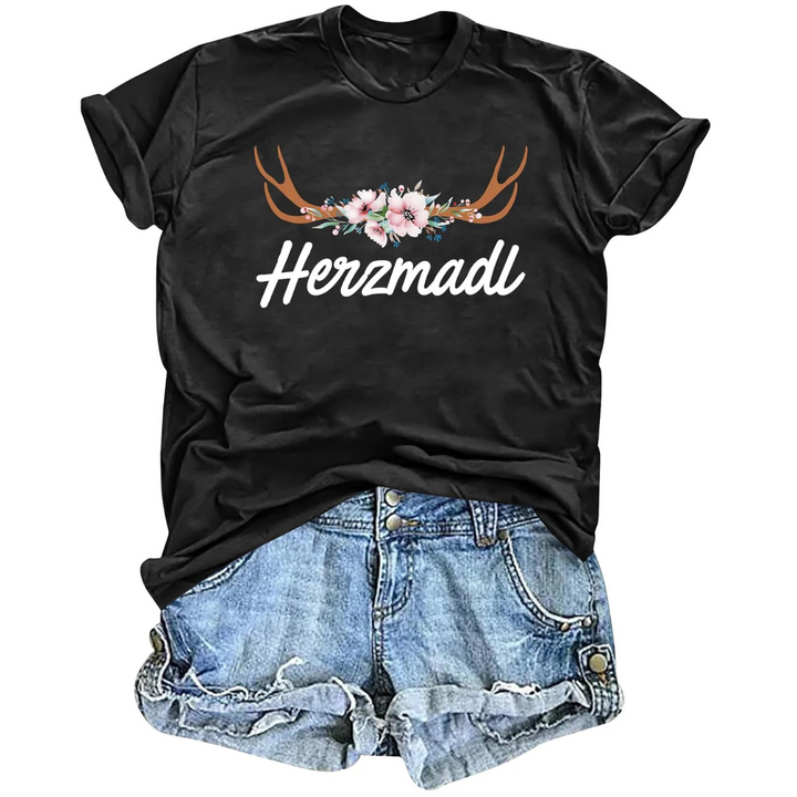 Katharina Oktoberfest T-Shirt | Romantisches Hirsch-Blumen T-Shirt aus Baumwollmischung für Damen